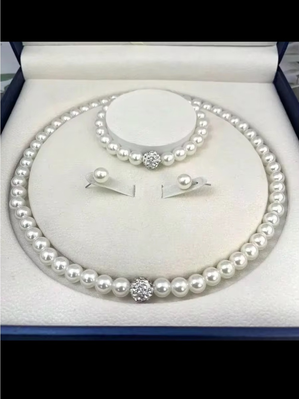 Classic faux Pearl Necklace, Bracelet & Stud Earring Set with Sparkling Accents
